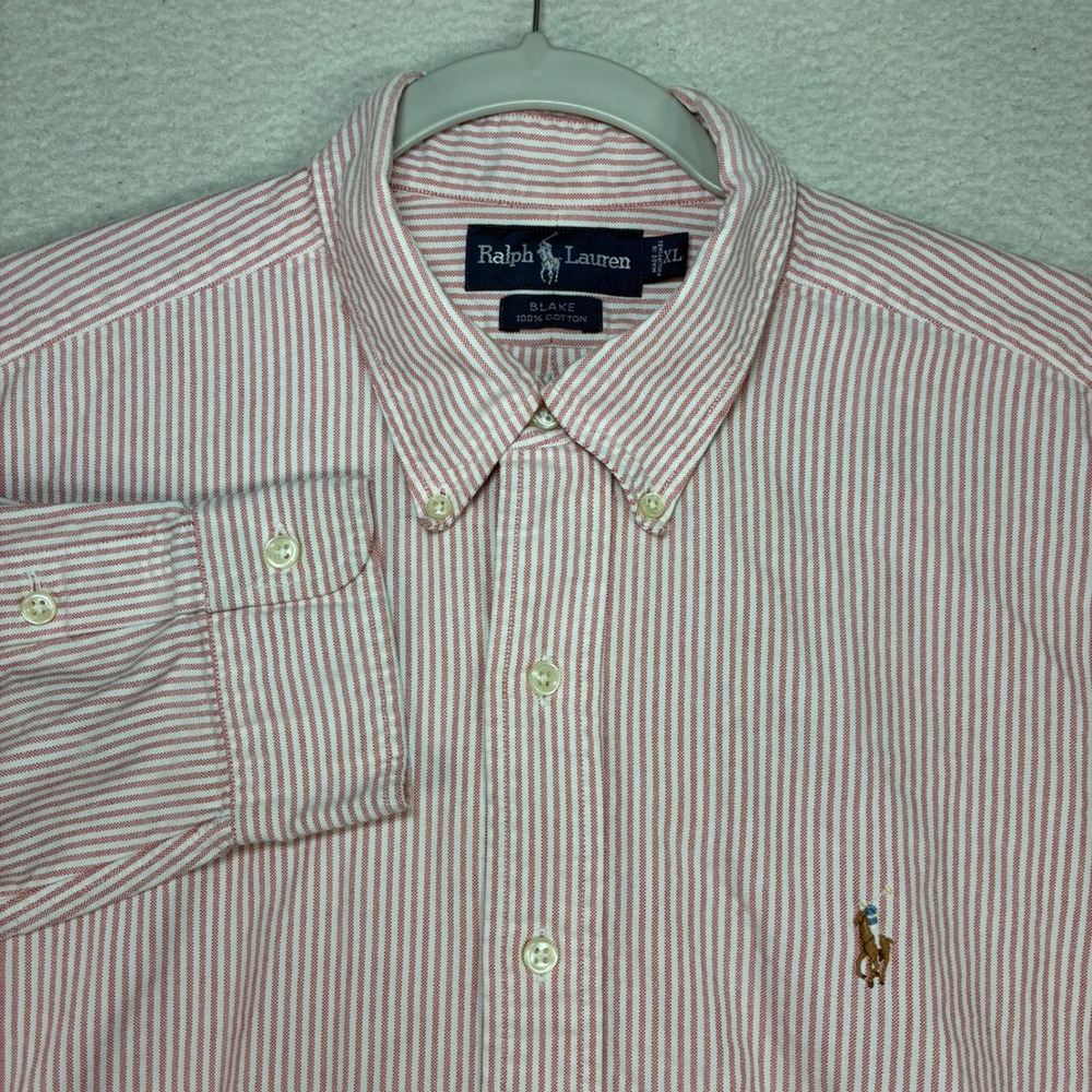 Ralph Lauren Flesh Pony Blake Oxford Shirt Men XL Red Striped Long Sleeve OCBD - Picture 1 of 7